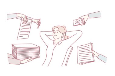 İş kavramında stres ve rahatlama yok. Genç, rahat kadın çizgi film karakteri ofiste oturmuş, vektör illüstrasyonunda olduğu gibi gülümsüyor.