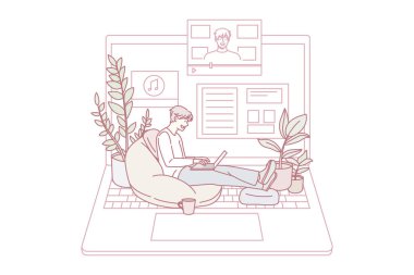 Adam dev bir dizüstü bilgisayarda oturup, internetten aletlerle ilgili özel ders izliyor. İnternette çalışan adamın giysi kursu ya da semineri var. Blog ve yayın. Uzaktan eğitim kavramı. Vektör illüstrasyonu.