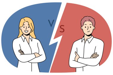 Başarılı iş arkadaşları kollarını kavuşturup profesyonel beceri ve verimlilikle rekabet etmek istiyorlar. Yöneticiler kurulundaki yönetici pozisyonu için erkek iş yarışında kadına karşı.