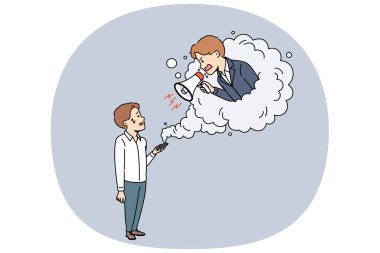 Kızgın yönetici elinde megafonla cep telefonundan eğilirken yardıma muhtaç bir astı azarlıyor. Yönetici, yüksek iş sonuçları elde etmek için sesini yükselterek emre itaatsizlik eder..