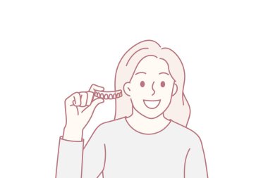 Diş sağlığı ve diş bakımı konsepti. Gülümseyen pozitif kadın, elinde diş telleri, elinde beyazlatıcı şeritler tutarak vektör illüstrasyonunda ayakta duruyor.