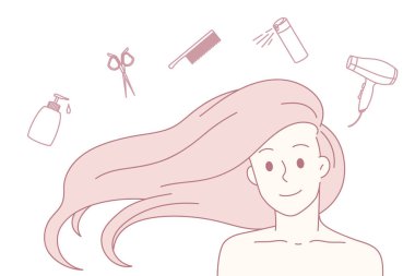 Saç bakımı ve güzellik konsepti. Kırmızı saçlı ve bakım aletleriyle gülümseyen kızın portresi. Makas maske şampuanı vektör illüstrasyonunun üstünde.