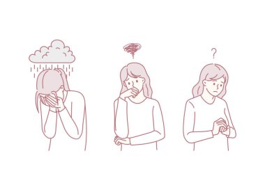 Depresyon olumsuz düşünceler hayal kırıklığı konsepti. Depresyonda olan genç bir kız derin düşüncelere dalıp şüpheli bir illüstrasyon yaratıyor.