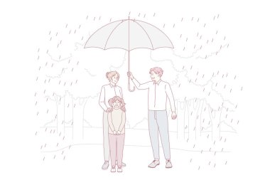 Bakım ve destek kavramı. Genç, gülümseyen bir adam yağmurlu bir günde anne ve kızının altında büyük bir şemsiye tutuyor.