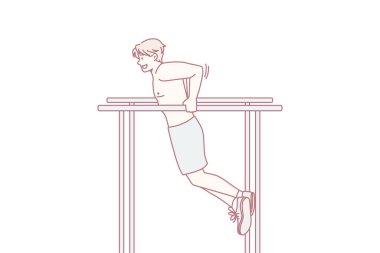 Açık hava spor eğitimi ve spor konsepti. Antrenman yapan genç bir sporcu yatay bar açıkhava vektör illüstrasyonunda duruyor.