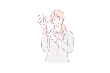 Koruyucu iş kıyafetleri ve aksesuar konsepti. Genç kadın doktor ya da kozmetikçi beyaz lateks koruyucu tıbbi eldiven çizimi çiziyor.