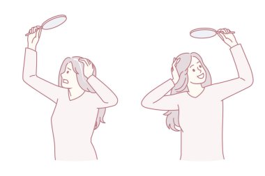 Gri saç ve renkli saç konsepti. Gergin bir kadın kafasında gri saçlar görüyor ve renkli saçlı mutlu bir kadın ayna vektör çizimine bakıyor.