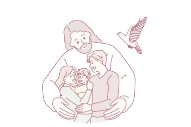 Hıristiyanlık ve dini eğitim kavramı. Beyaz elbiseli, gülümseyen İsa ayakta duran ve mutlu aileyi kucaklayan çocuk vektör illüstrasyonuyla ilgilenen