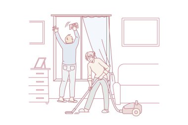 Ev işi ve temizlik konsepti. Evde giysi temizleyen ve hafta sonu evde birlikte halı süpüren genç bir çift.