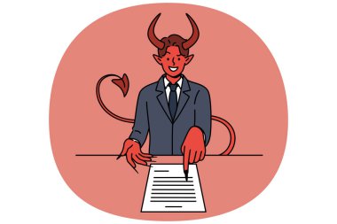 Şeytan, Şeytan 'a ruh satmak için masada duran iş sözleşmesini imzalamayı teklif ediyor. Kötü ticari öneri kavramı ve kanunları ihlal eden iş yapma konusunda karsız sözleşme.