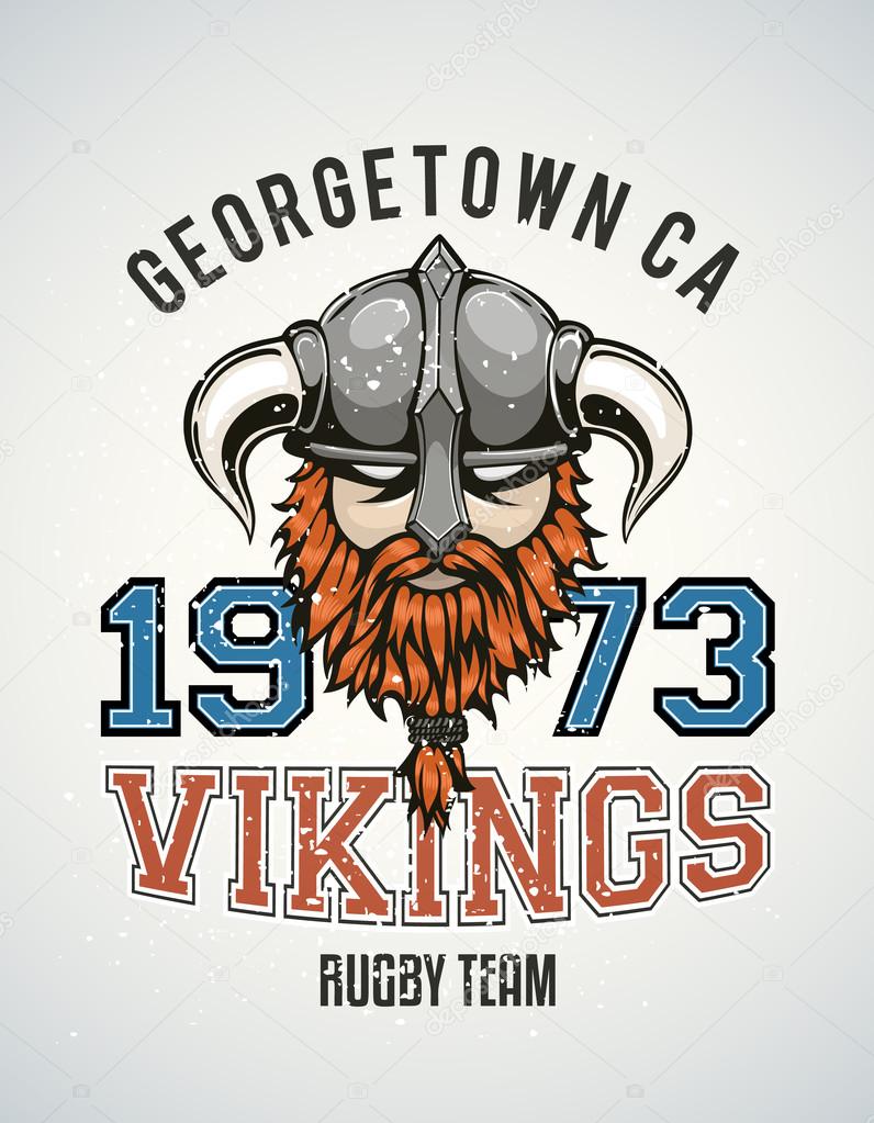 Cool and tough sports team vector logo with a brutal viking warrior with a horned helmet and a red beard. Sample text goes around the badge.