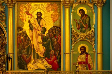 İstra. - Rusya. 9 Ekim 2018. Azizlerin Yüzleri ve İncil 'deki sahneler Diriliş Yeni Kudüs Manastırı' nın ana Ortodoks Kilisesi 'nin içinde..