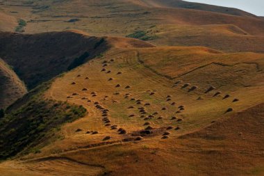 Kırgızistan. Pamir otoyolunun güney kısmı. Pamirlerin yüksek dağlarının dik yamaçlarındaki saman yığınları.