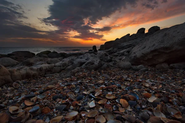 Ρωσία Ντάγκεσταν Αυγή Στη Βραχώδη Ακτή Της Κασπίας Θάλασσας Σκορπισμένη — Φωτογραφία Αρχείου