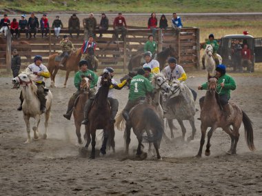 Kupchegen. - Rusya. 14 Mayıs 2021. Altai Ulusal Binicilik Oyunu Kok-Boru. Oyuncuların at üstünde spor aletleri için 35 kg ağırlığında bir keçi leşi (ulah) şeklinde dövüştüğü an.