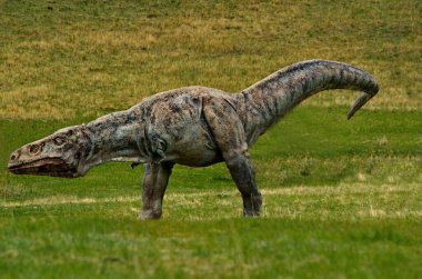 Terelj. Moğolistan. 9 Haziran 2015. Ulaanbaatar kenti yakınlarındaki Gorkhi-Terelj doğal dağ parkındaki açık hava müzesindeki tarih öncesi bir dinozorun heykeli..