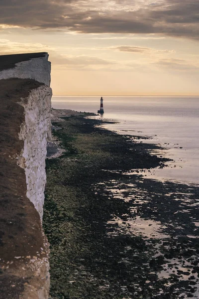 Krajina Fotografie Majáku Beachy Head Křídových Útesů Barevného Východu Slunce — Stock fotografie