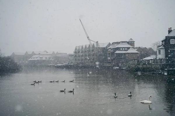 里士满在泰晤士河畔 2021 一个下雪天的早晨 伦敦的学徒酒吧在泰晤士河的堤岸上 — 图库照片