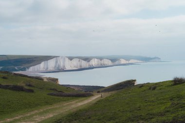 Seaford, Doğu Sussex the 124; UK - 2021.04.04: Seaford Head Nature Reserve View Chalk Cliffs yürüyüşünün tepesinden bulutlu bir sabahta. Yedi Kız Kardeş, Güney İngiltere