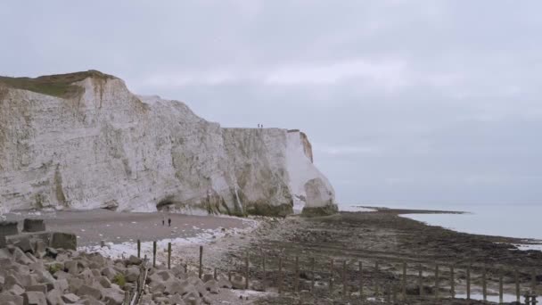 Roca de tiza acantilados en la costa de Sussex con playa de guijarros y el mar en la mañana nublada. Siete hermanas, al sur de Inglaterra — Vídeos de Stock