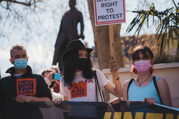 Westminster Londres Reino Unido 2021 Pessoas Com Bandeiras Cartazes Marchando — Fotografia de Stock