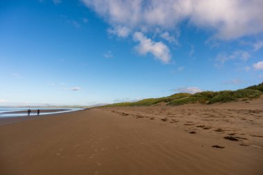 Harlech, Galler 2025.09.21 Parlak mavi gökyüzünün altında çimenli kum tepeleriyle çevrili Harlech Sahili 'nin geniş kumlu kıyı şeridi boyunca iki kişi yürüyor. 