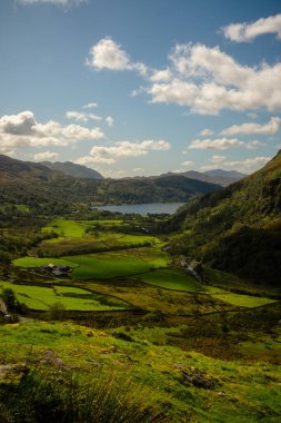 Snowdonia, Galler 2025.09.21 Canlı tarım alanları ve Llyn Gwynant gölü mavi gökyüzünün altındaki yemyeşil dağlarla çevrili.. 