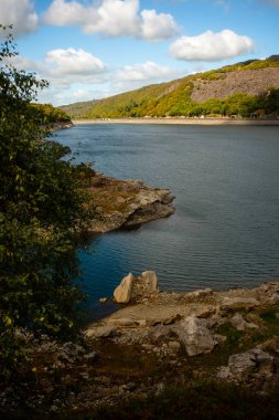 Snowdonia, Galler 2025.09.20 Kayalık kıyı şeridiyle sakin göl manzarası ve dağınık bulutlu açık mavi gökyüzünün altındaki ormanlı tepeler. 