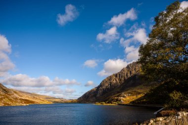 Snowdonia, Galler 2025.09.21 Derin mavi göl engebeli uçurumlar ve dağınık mavi bulutların altında altın sonbahar tepeleriyle çevrili.. 
