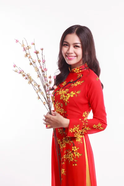 Kırmızı ao dai için kiraz çiçeği tutan güzel Vietnamca kadınla ay yeni yıl kutlamak — Stok fotoğraf