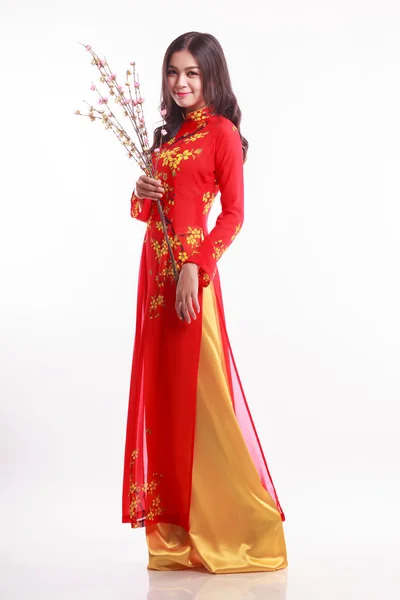 Hermosa mujer vietnamita con ao dai rojo sosteniendo flor de cerezo para celebrar el año nuevo lunar —  Fotos de Stock