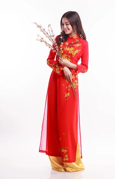 Krásná vietnamská žena s červeným ao dai drží třešňový květ pro oslavu Lunární Nový rok — Stock fotografie