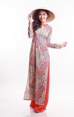 Güzel Vietnamca genç ve kadın ile gelenek modern ao dai palmiye yaprak koni şapka