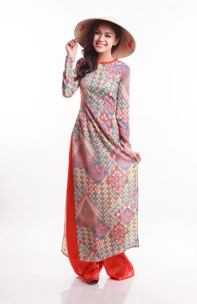 Güzel Vietnamca genç ve kadın ile gelenek modern ao dai palmiye yaprak koni şapka