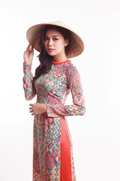 Güzel Vietnamca genç ve kadın ile gelenek modern ao dai palmiye yaprak koni şapka
