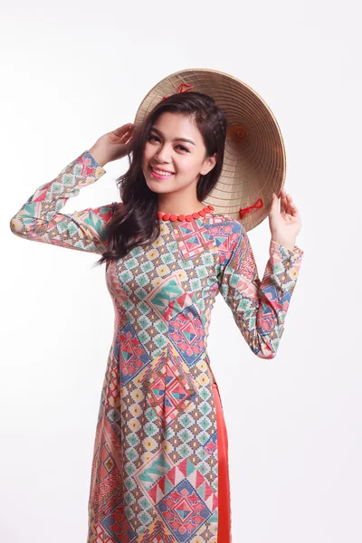 Hermosa joven vietnamita con tradición moderna ao dai y sombrero cónico de hoja de palma Imagen de stock