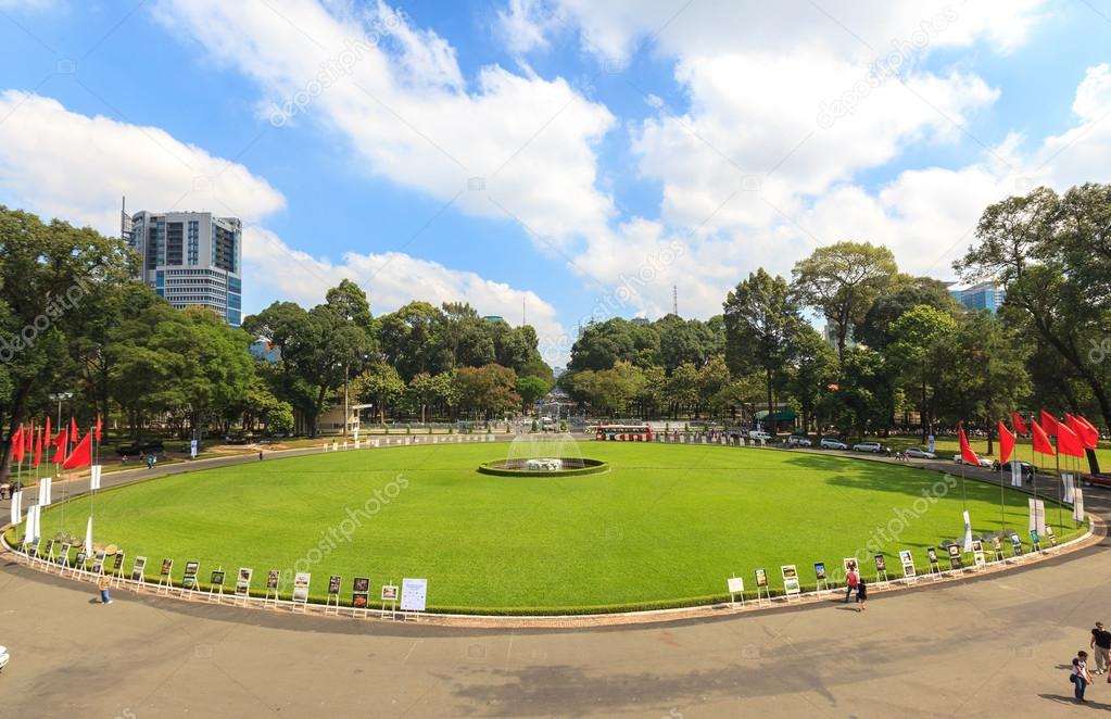 Fountain and grass field in Reunification Palace, landmark in Ho Chi Minh City, Vietnam