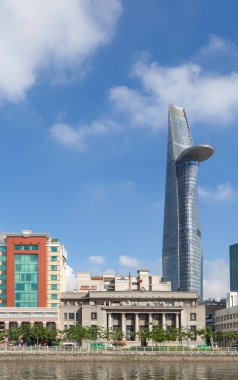 Skyscrapers business center looking over Saigon river with bitexco tower, banks, in Ho Chi Minh City, Vietnam.