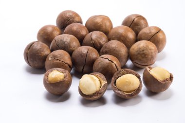 Beyaz arka planda Macadamia fındıkları