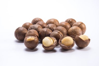Beyaz arka planda Macadamia fındıkları