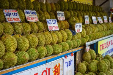 Durian fruit shop along the street, Cho Lon, Saigon.