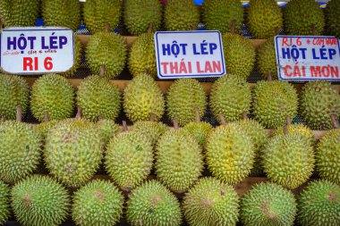 Durian fruit shop along the street, Cho Lon, Saigon.