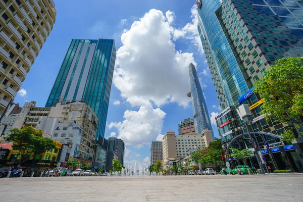 Nguyen hue pedestrian street with many luxuriant trade center, office building surround. — Stock Photo, Image