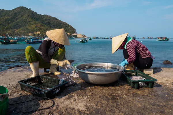 Pessoas fazendo frutos do mar frescos - choco-peixe do porto de pesca Nam Du Island, Kien Giang, Vietnã — Fotografia de Stock