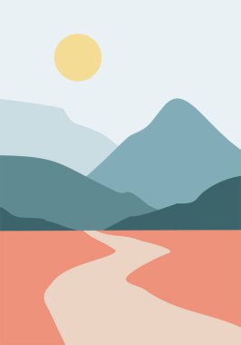 Minimalist dağ ve nehir manzarası çizimi