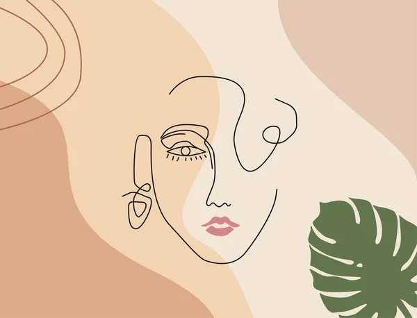 Ilustración Cara Moderna Mujer Estética Abstracta Con Fondo Hoja Perfecta — Archivo Imágenes Vectoriales