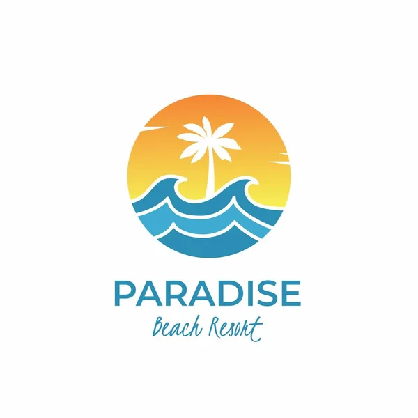 Tropisch Paradijs Strand Logo Met Zonsondergang Zonsopgang Vibes Perfect Voor — Stockvector