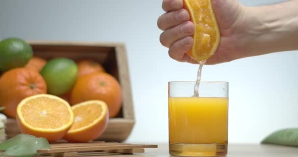 Man hand klämmer apelsin för att göra färsk juice. Hälsosam vitamindryck för specialkost. — Stockvideo