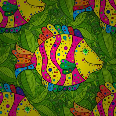 Yeşil ve mavi çiçekler arka plan üzerinde karalamalar balık. Vektör çizim.