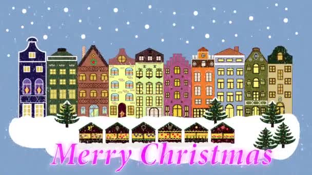 Christmas winter city. Snowfall. Inscription Merry Christmas. — Stock Video